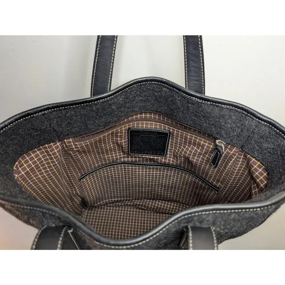 Vintage Coach Gray Black Wool Felt Leather Tote Bag Colorblock Fall Winter